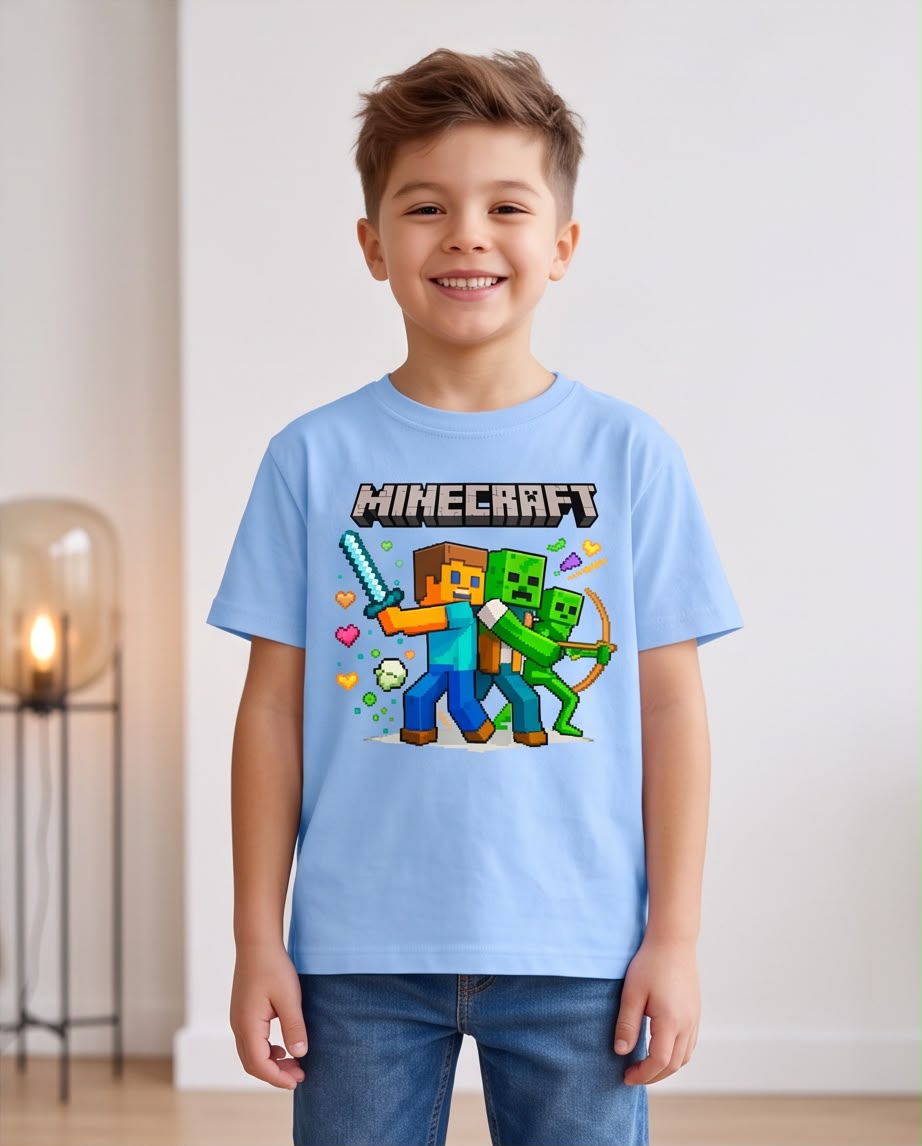 Camiseta Niño Minecraft Espada y Arco Azul Cielo Semi Oversize