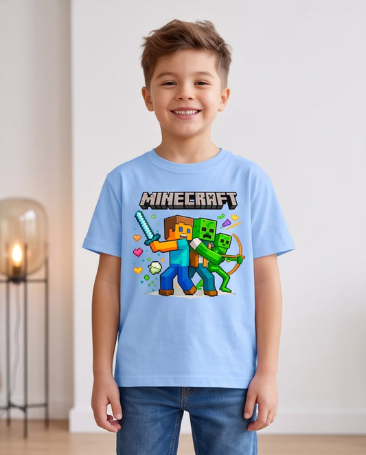 Camiseta Niño Minecraft Espada y Arco Azul Cielo Semi Oversize