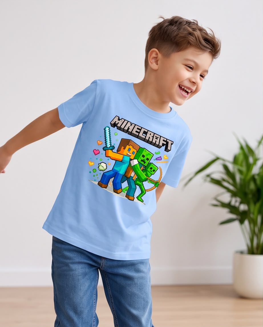 Camiseta Niño Minecraft Espada y Arco Azul Cielo Semi Oversize