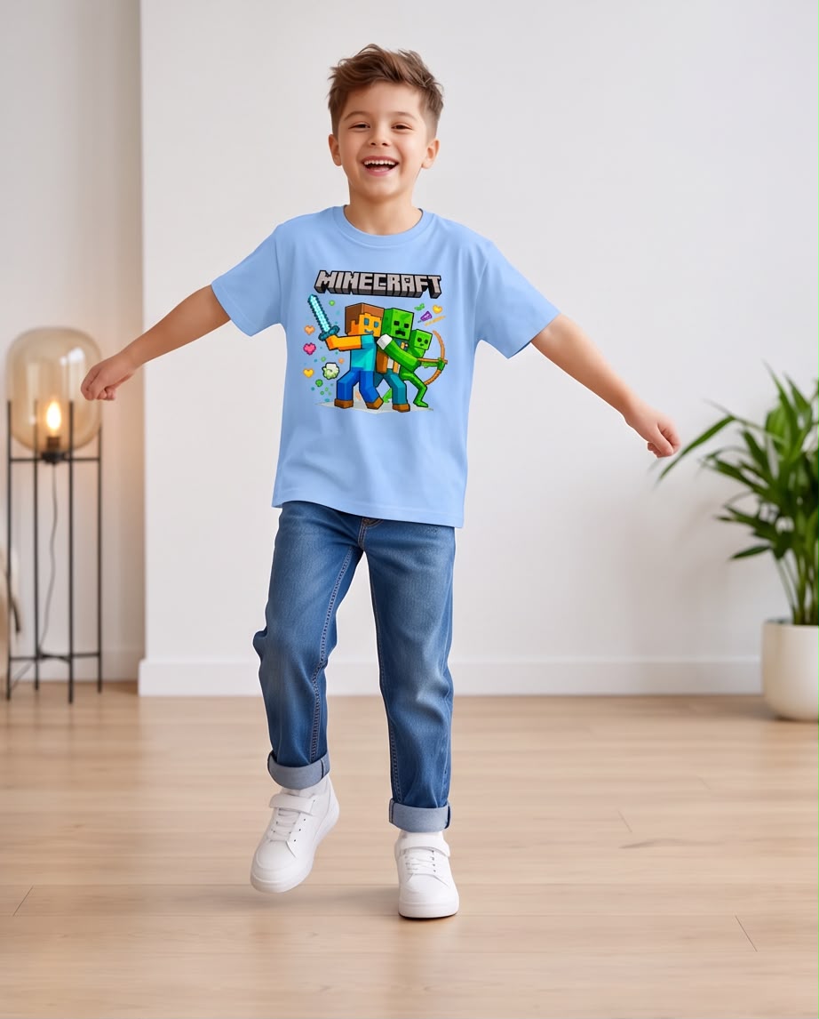 Camiseta Niño Minecraft Espada y Arco Azul Cielo Semi Oversize