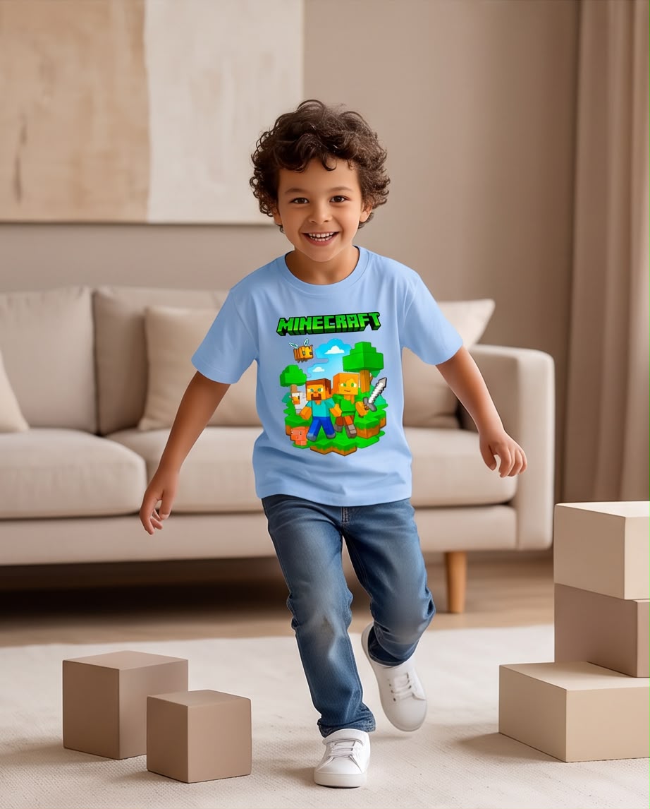 Camiseta Niño Minecraft Steve y Alex Bosque Azul Cielo Semi Oversize