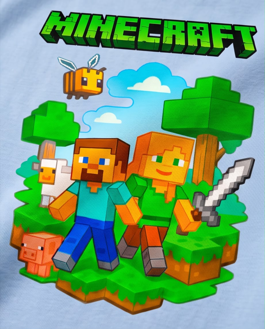 Camiseta Niño Minecraft Steve y Alex Bosque Azul Cielo Semi Oversize