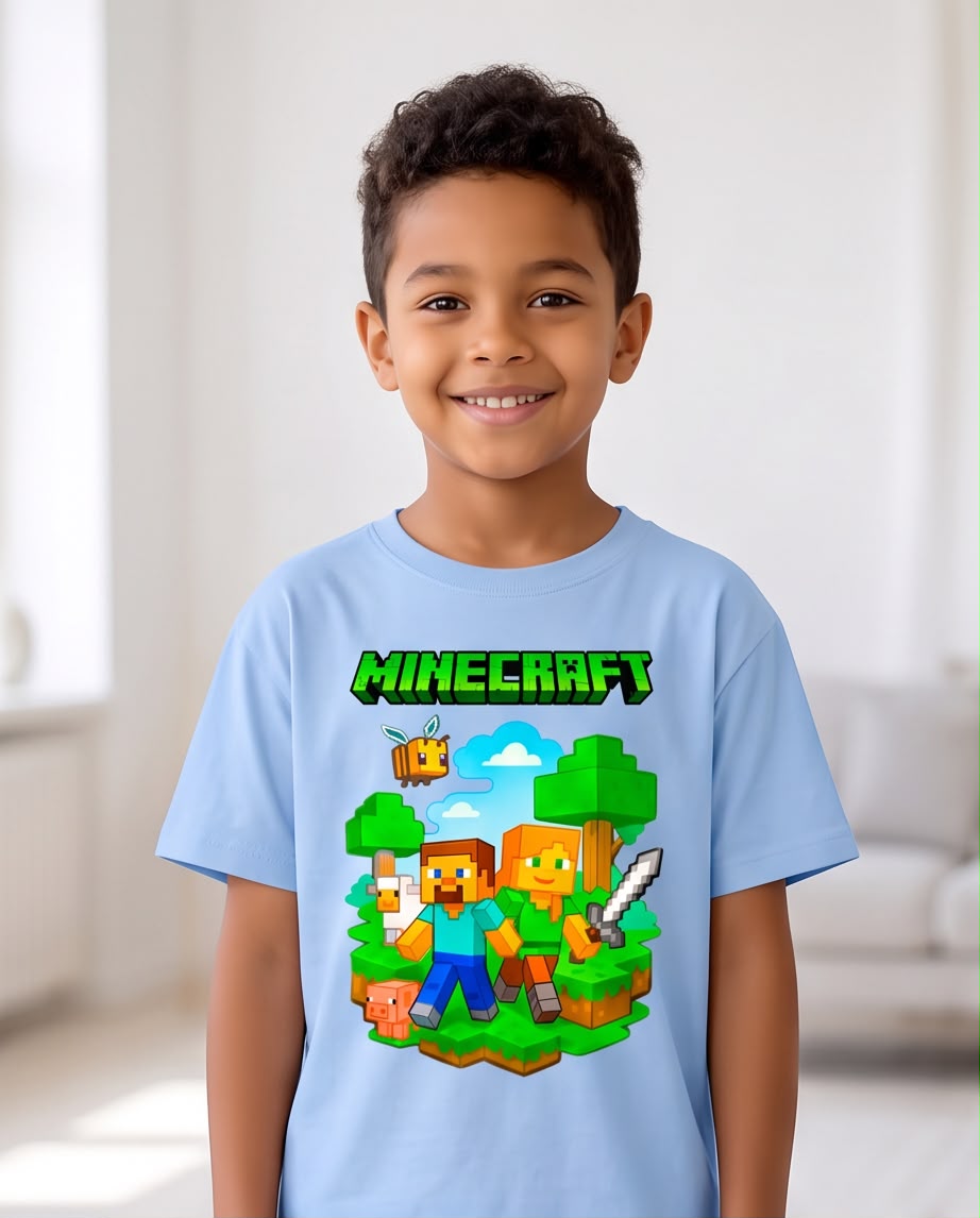 Camiseta Niño Minecraft Steve y Alex Bosque Azul Cielo Semi Oversize