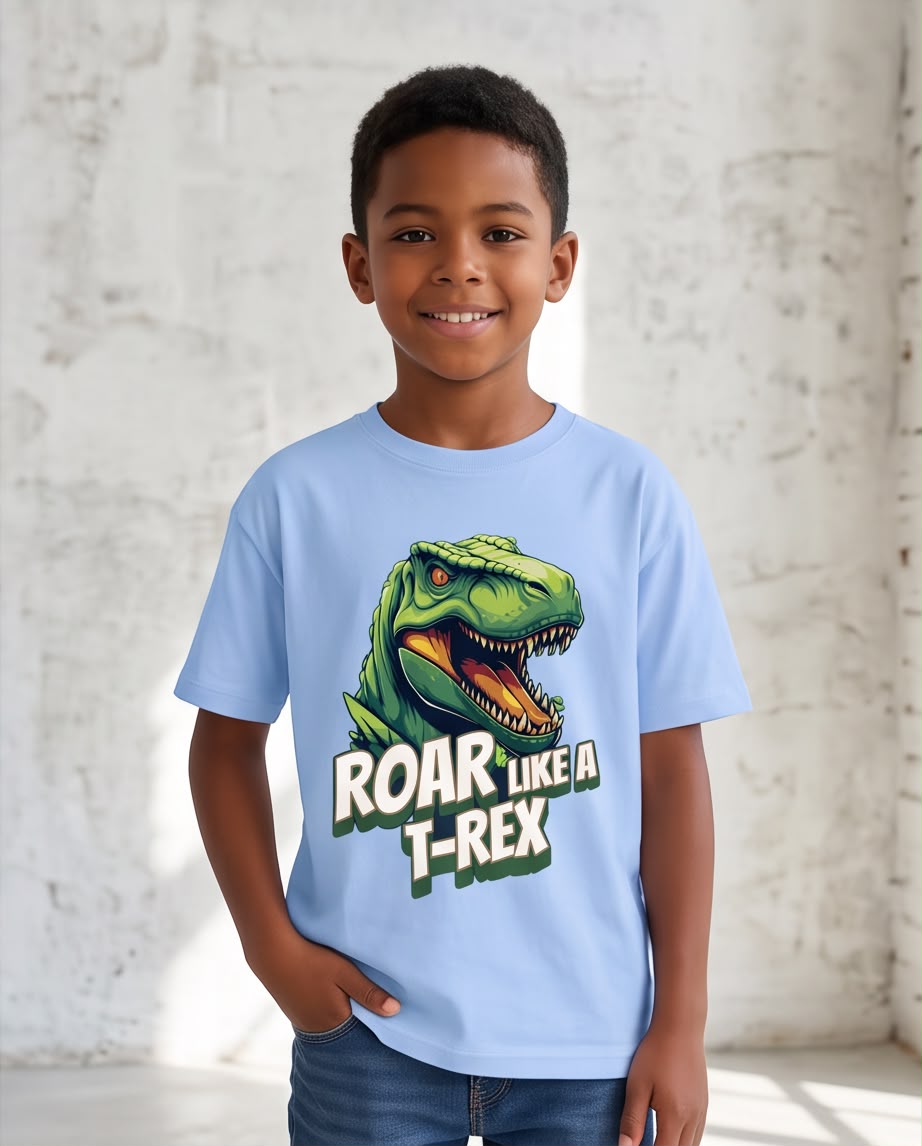 Camiseta Niño Roar Like a T-Rex Dinosaurio Azul Cielo Semi Oversize