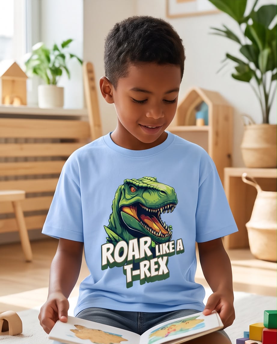 Camiseta Niño Roar Like a T-Rex Dinosaurio Azul Cielo Semi Oversize