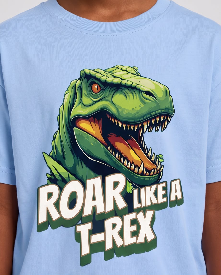 Camiseta Niño Roar Like a T-Rex Dinosaurio Azul Cielo Semi Oversize