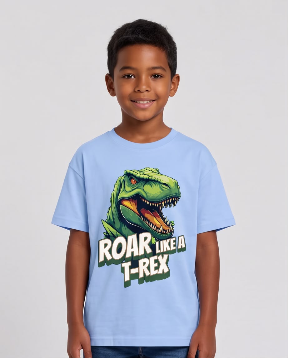 Camiseta Niño Roar Like a T-Rex Dinosaurio Azul Cielo Semi Oversize