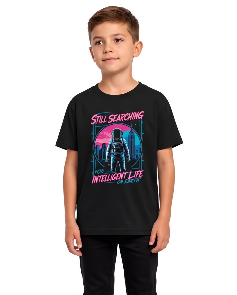 Camiseta Niño Still Searching Astronauta Negra Semi Oversize