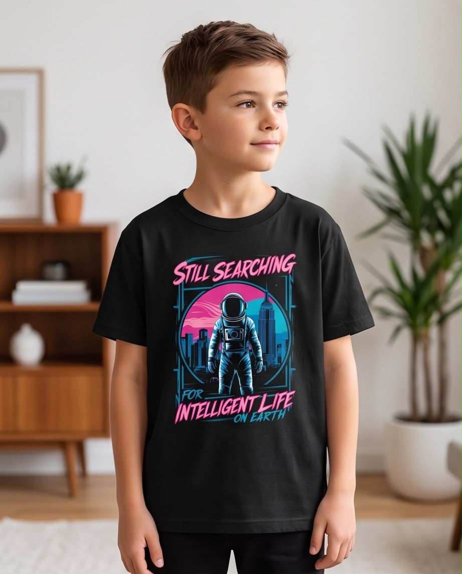 Camiseta Niño Still Searching Astronauta Negra Semi Oversize