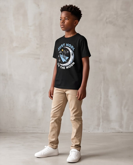 Camiseta Niño Just HODL To the Moon Astronauta Negra Semi Oversize