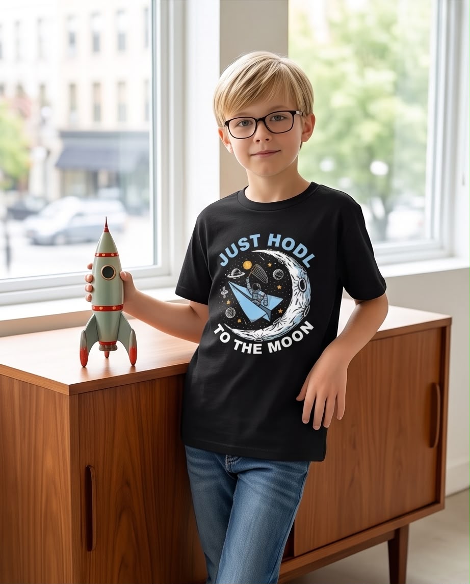 Camiseta Niño Just HODL To the Moon Astronauta Negra Semi Oversize