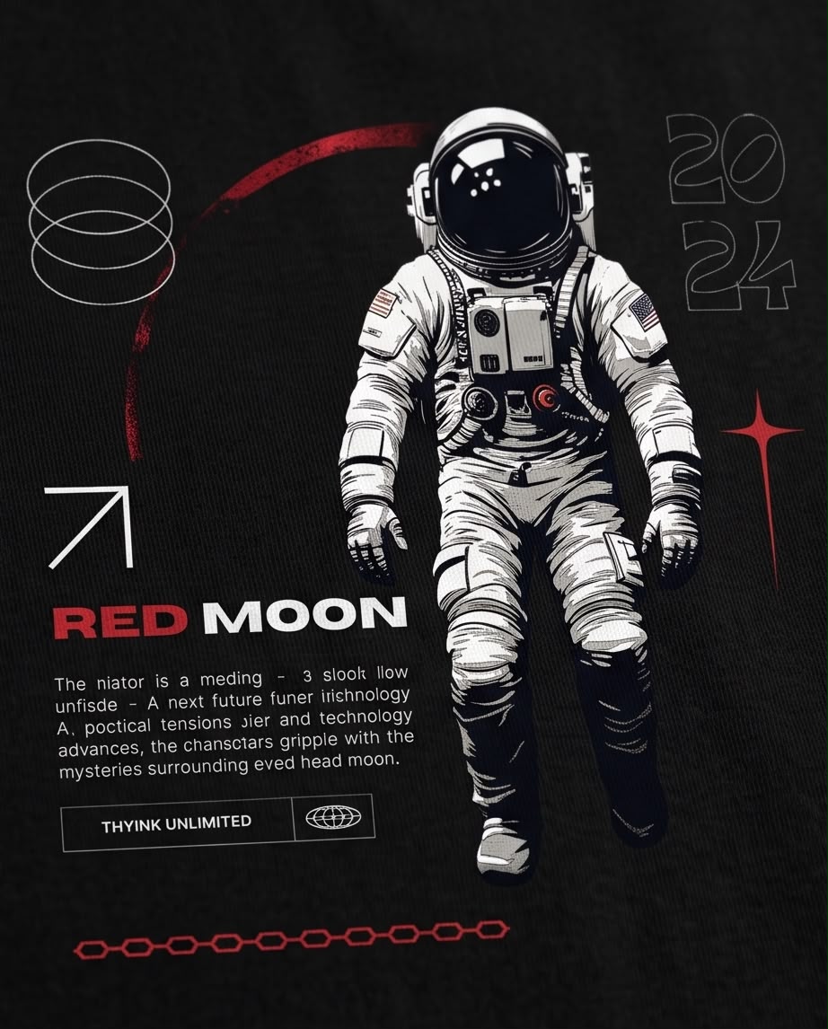 Camiseta Niño Red Moon Astronauta Negra Semi Oversize