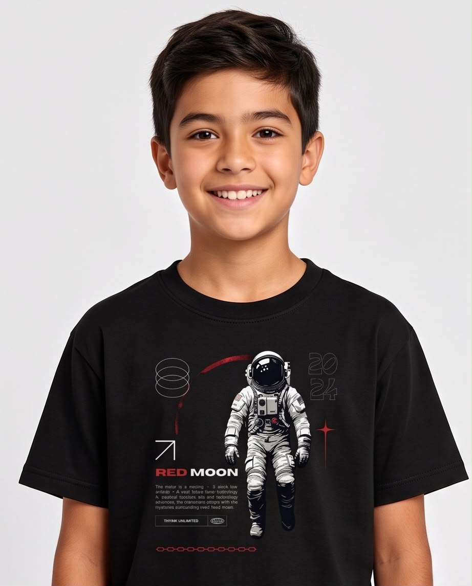 Camiseta Niño Red Moon Astronauta Negra Semi Oversize