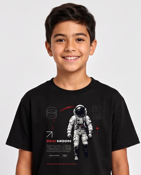 Camiseta Niño Red Moon Astronauta Negra Semi Oversize