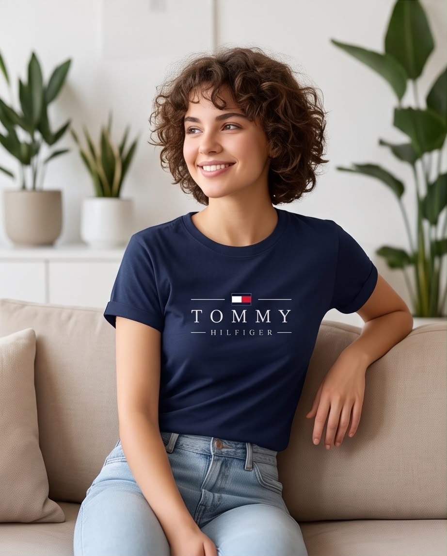 Camiseta mujer Tommy Hilfiger azul marino, vista frontal con jeans