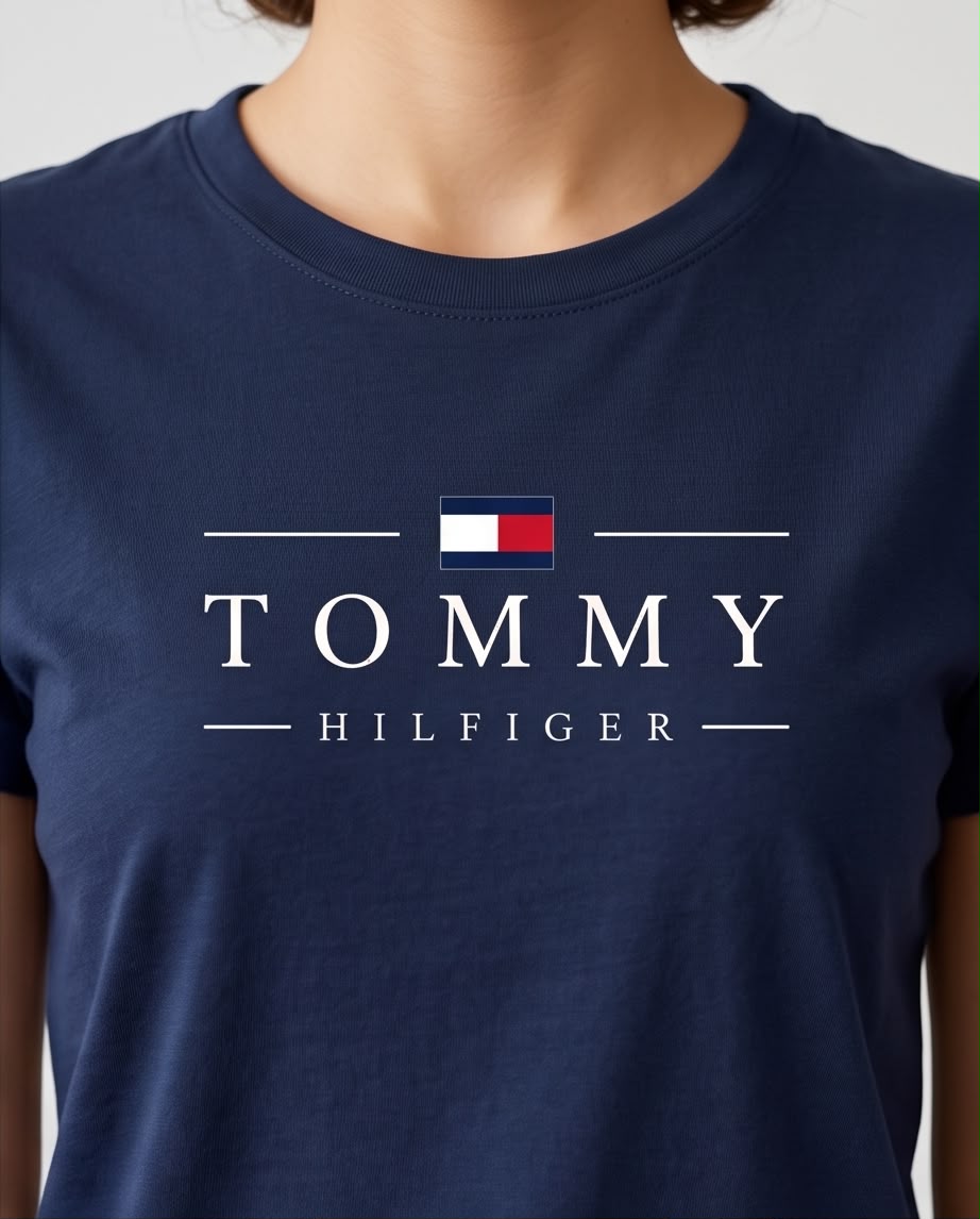 Detalle del estampado Tommy Hilfiger blanco con bandera roja y blanca