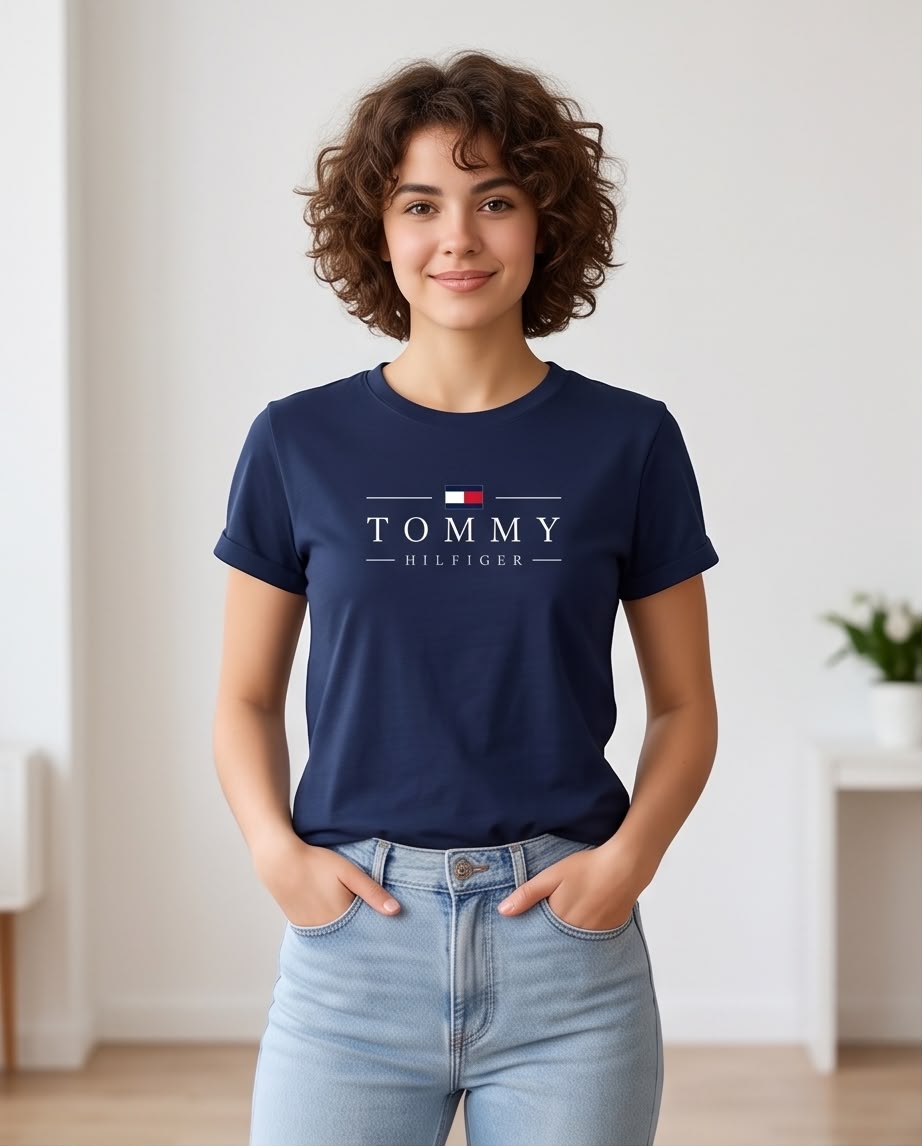 Camiseta azul marino Tommy Hilfiger combinada con jeans