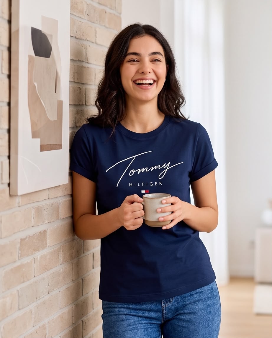 Camiseta Tommy Hilfiger Firma Blanca Azul Navy, modelo con brazos cruzados