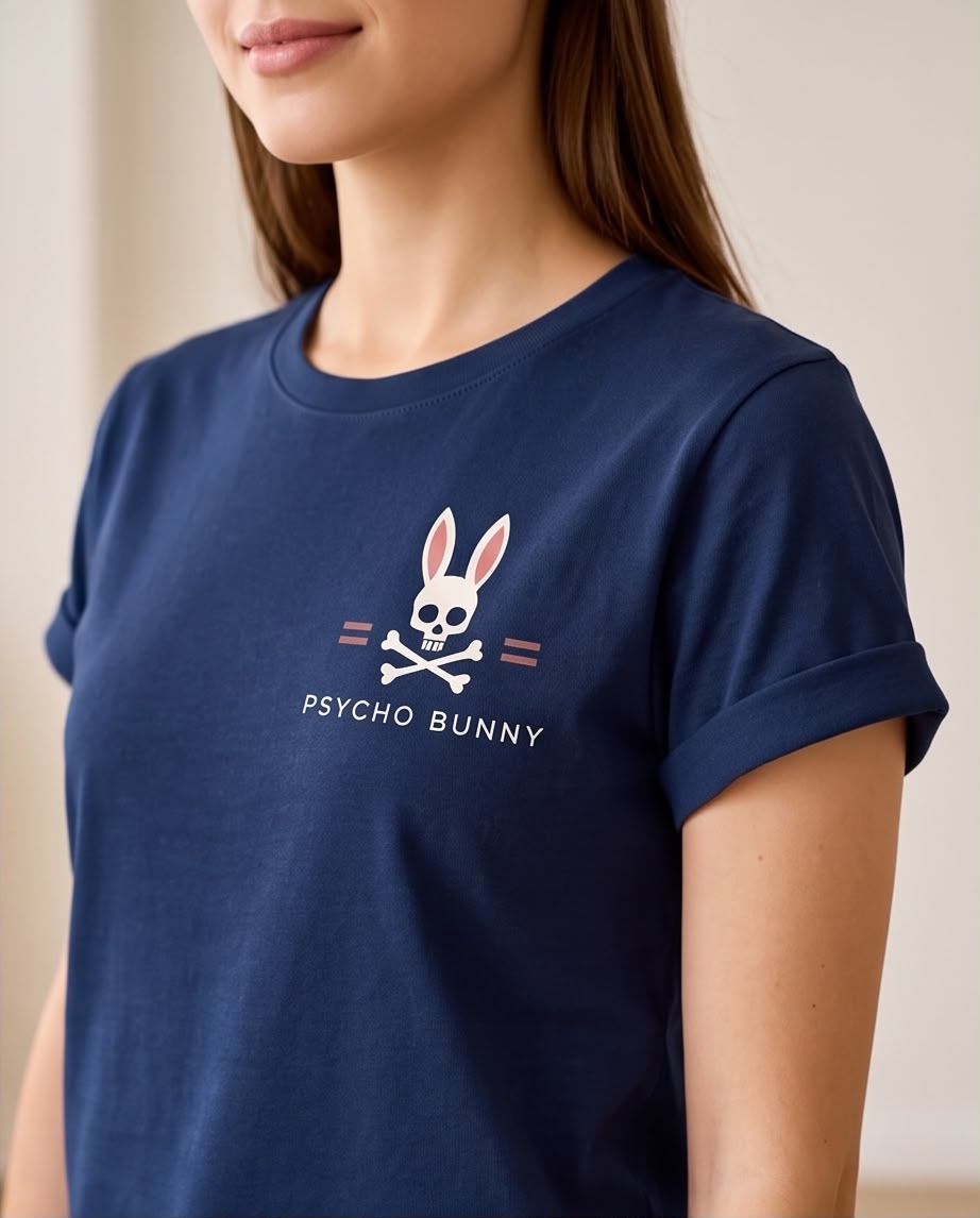 Camiseta Psycho Bunny Logo Pequeño Azul Navy, modelo sentada en sofá