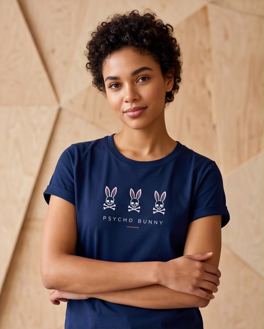 Camiseta Psycho Bunny Tres Conejos Blancos Azul Navy, modelo con brazos cruzados