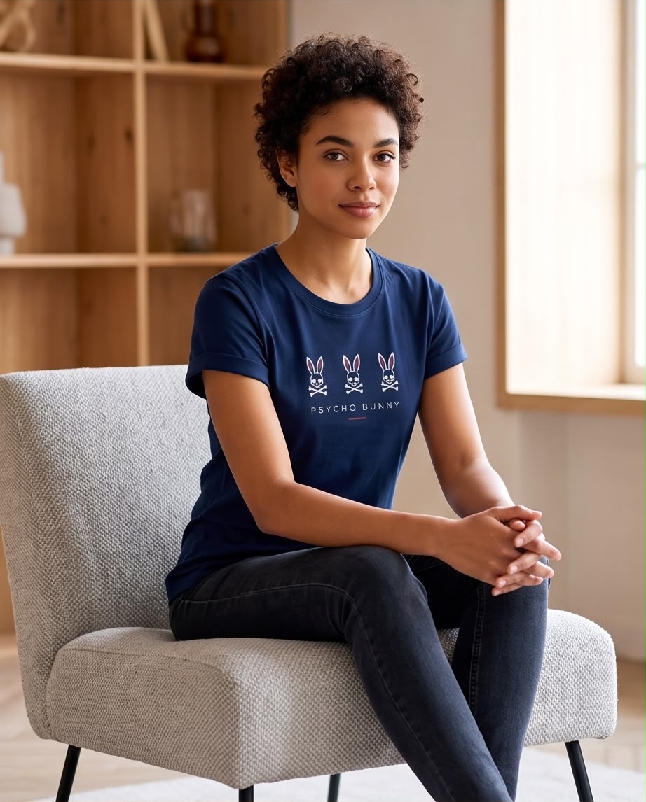 Camiseta Psycho Bunny Tres Conejos Blancos Azul Navy, modelo sentada