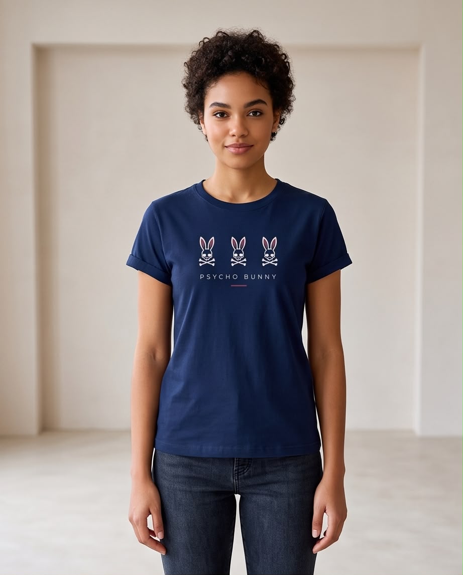 Camiseta Mujer Psycho Bunny Tres Conejos Blancos Azul Navy, vista frontal