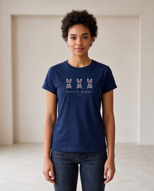 Camiseta Mujer Psycho Bunny Tres Conejos Blancos Azul Navy, vista frontal
