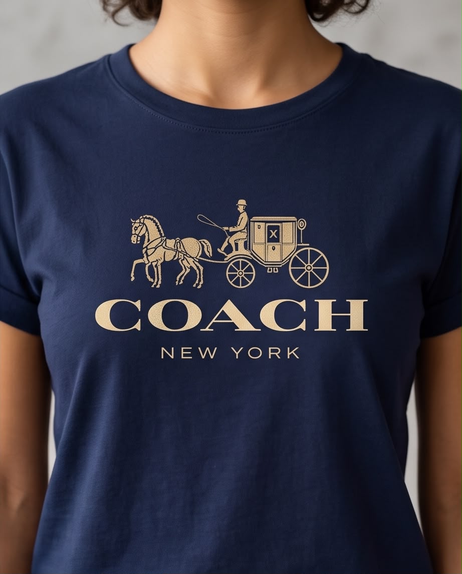 Camiseta Coach Carruaje Azul Navy, modelo sentada
