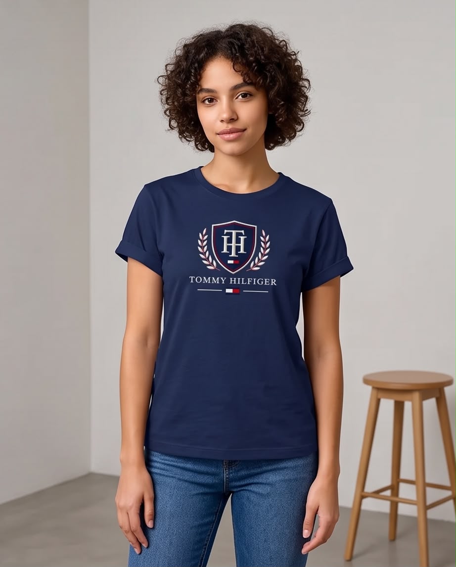 Camiseta Tommy Hilfiger Escudo Azul Navy, acercamiento frontal