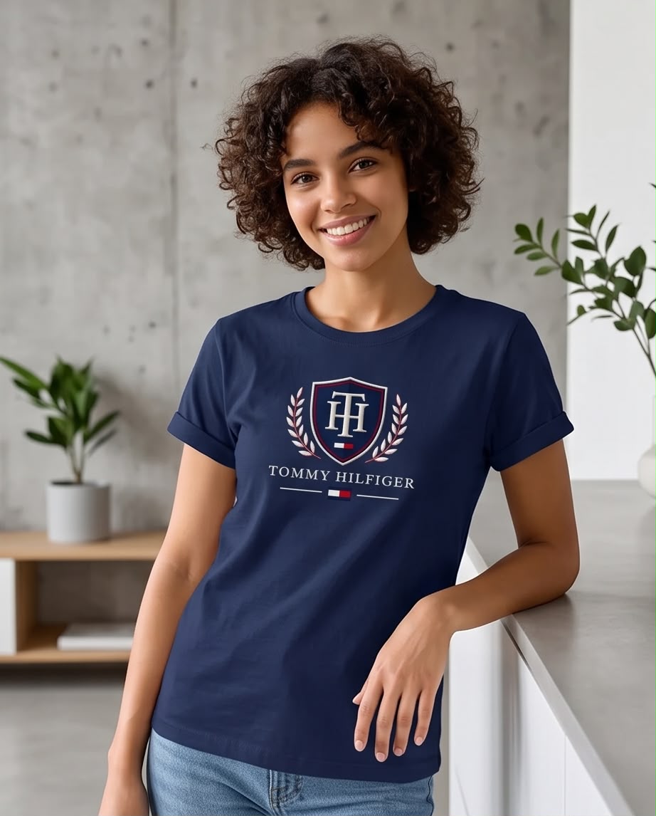Detalle escudo con monograma, laureles y letras Tommy Hilfiger