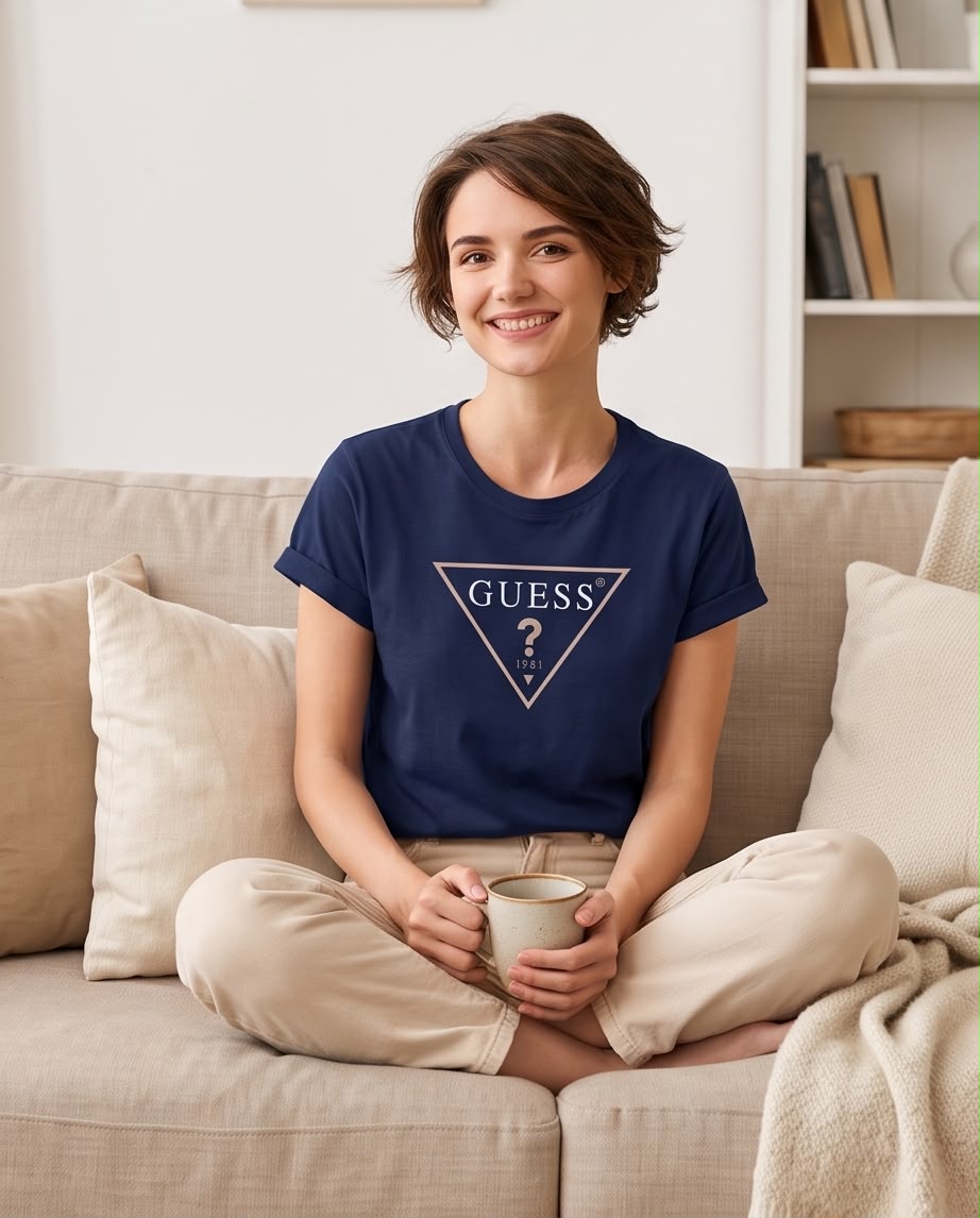 Camiseta Guess Triángulo Azul Navy, modelo sentada con taza
