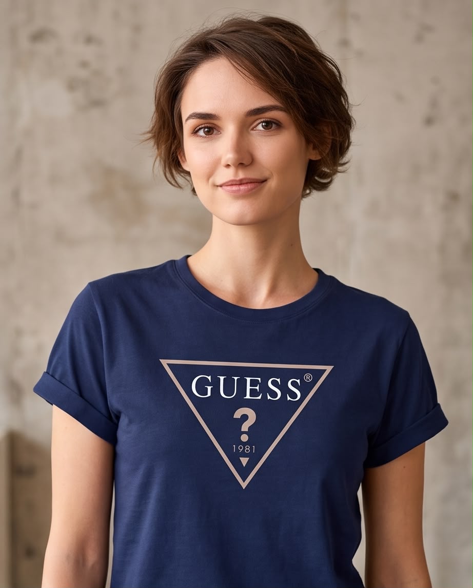 Detalle Guess con triángulo invertido y signo de interrogación