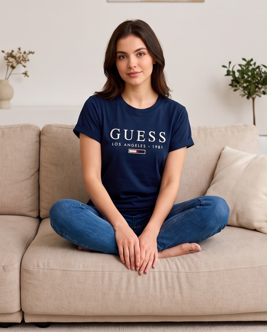 Camiseta Guess Azul Navy, modelo sentada