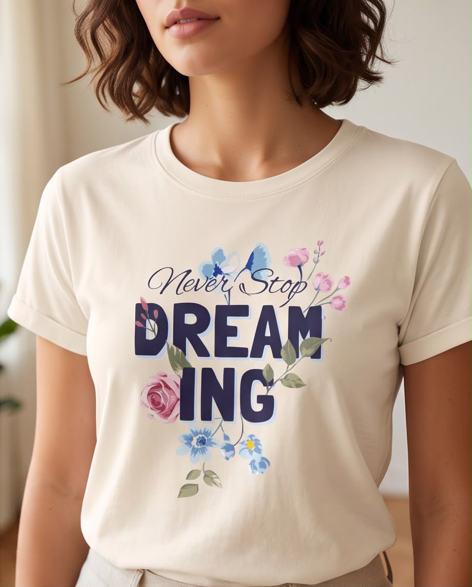 Detalle Never Stop Dreaming con flores rosadas y azules