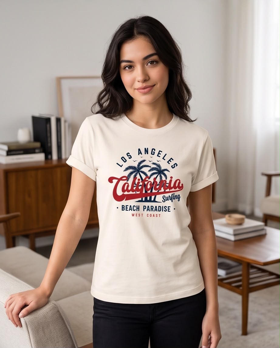 Camiseta California Beach Paradise Vainilla combinada con pantalón negro