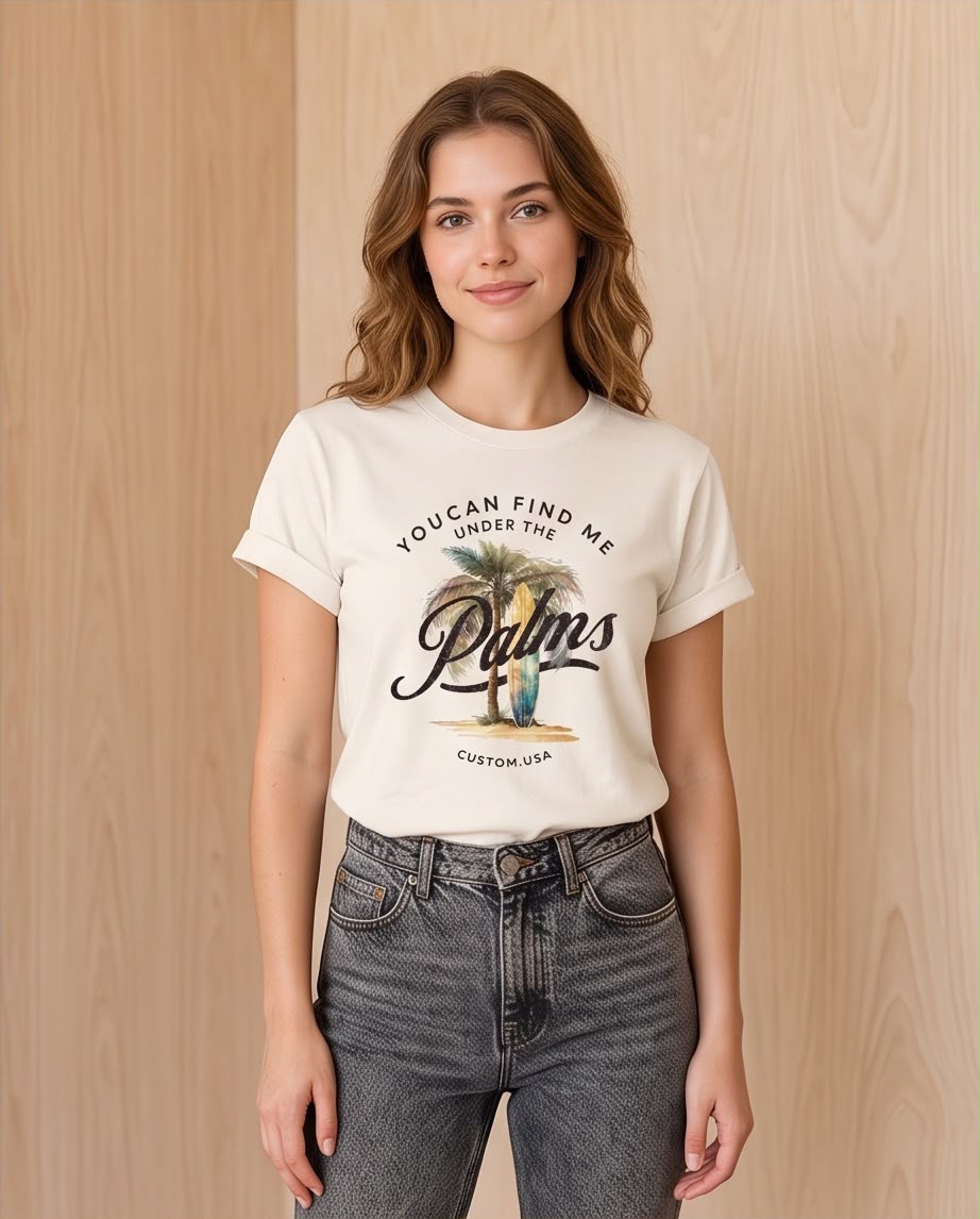 Camiseta Palms Vainilla combinada con jeans grises