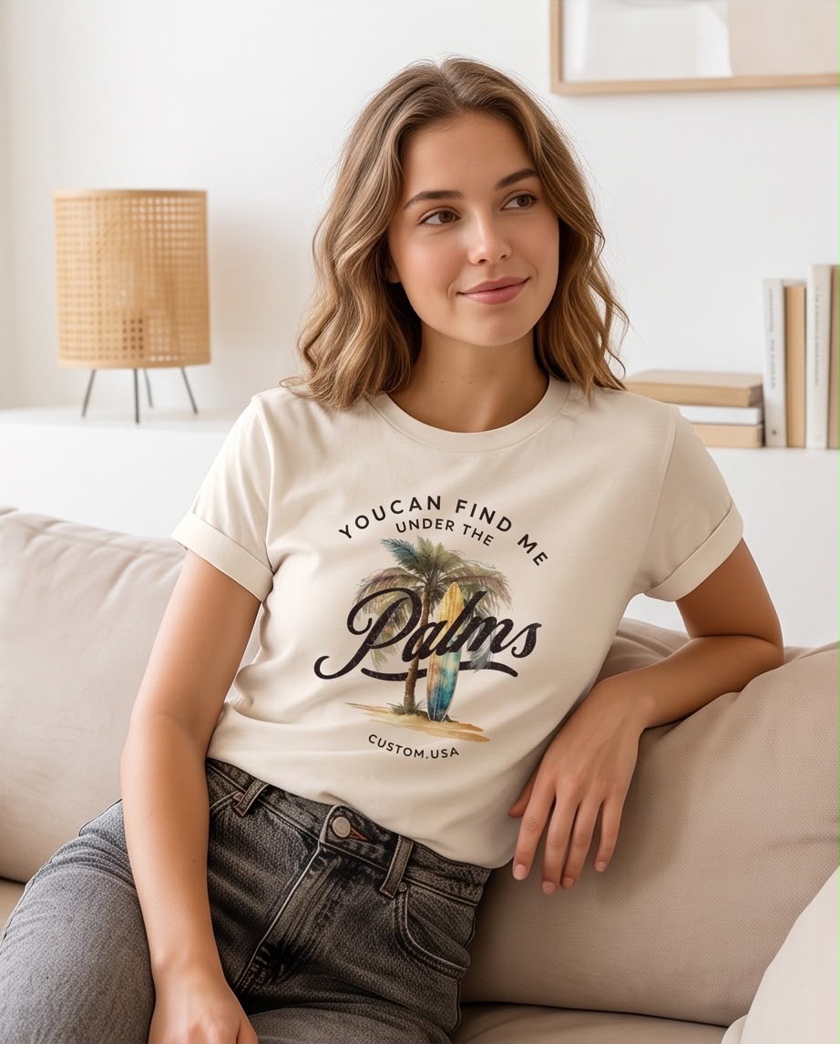 Camiseta Palms Vainilla, modelo sentada