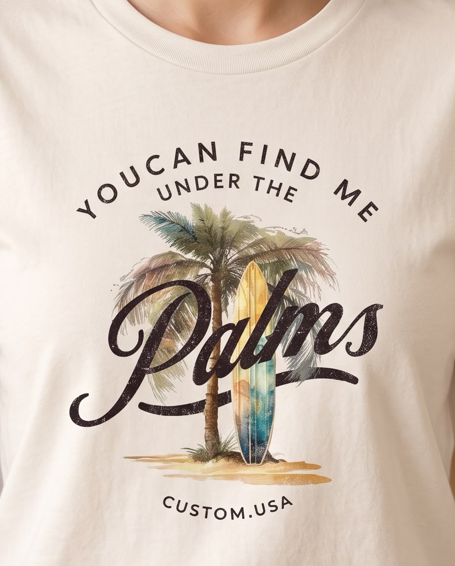 Detalle del estampado Palms con palmera y tabla de surf