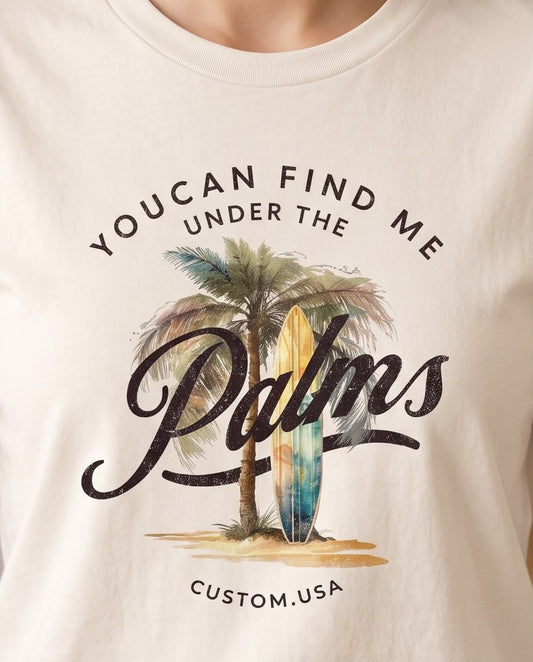 Detalle del estampado Palms con palmera y tabla de surf