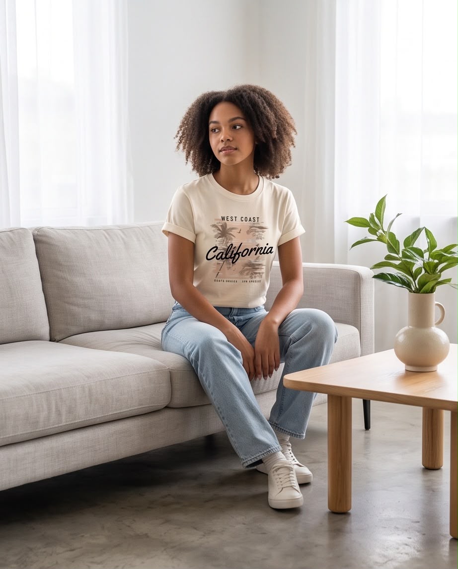 Camiseta California Vainilla, modelo sentada con jeans