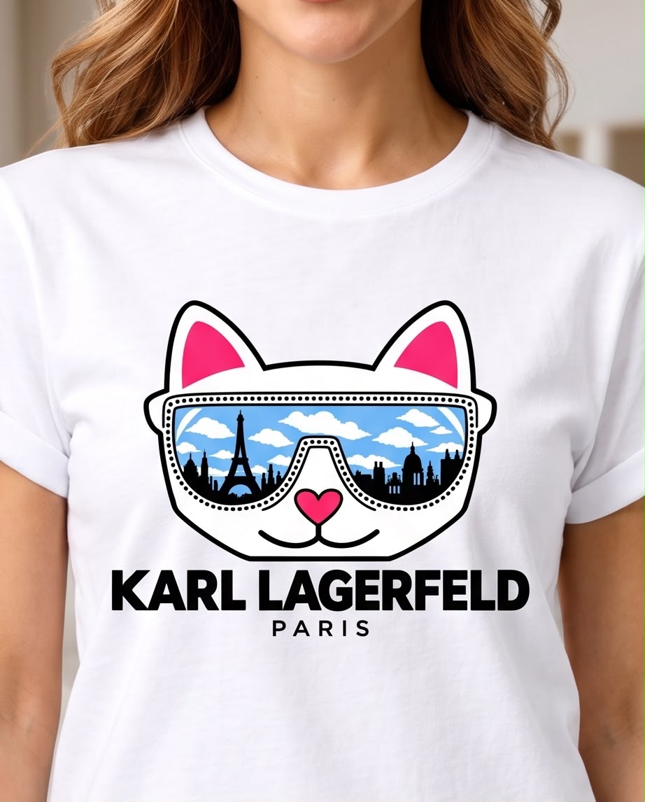 Camiseta Karl Lagerfeld Gato con Gafas París Blanca con jeans