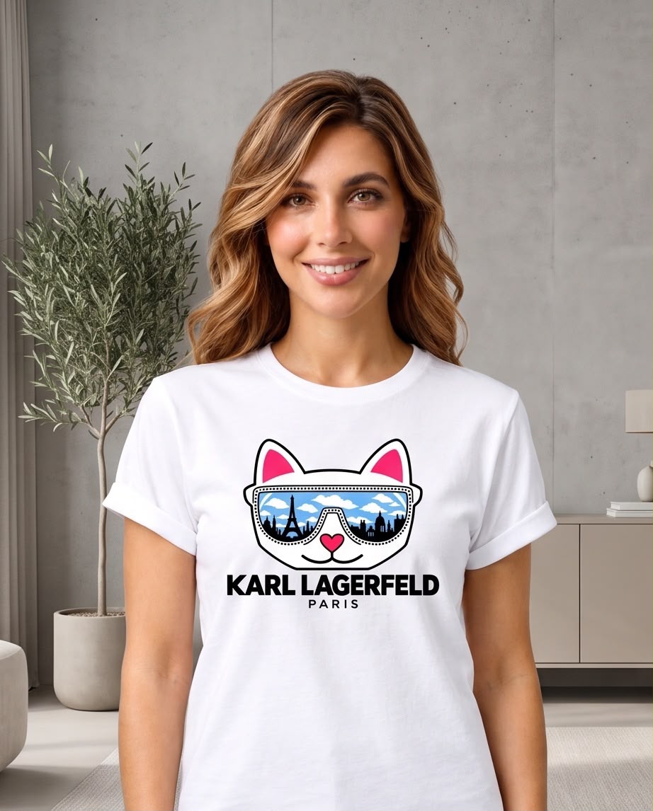 Camiseta Karl Lagerfeld Gato con Gafas París Blanca, modelo sentada