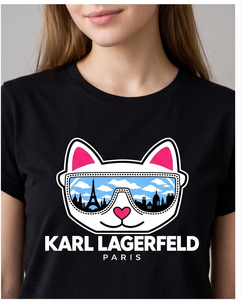 Camiseta Karl Lagerfeld Gato con Gafas París Negra, modelo sentada