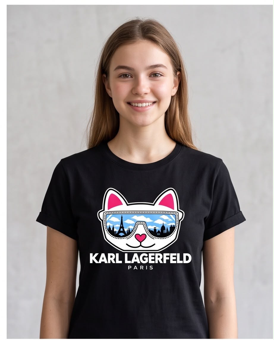 Camiseta Karl Lagerfeld Gato con Gafas París Negra, vista frontal