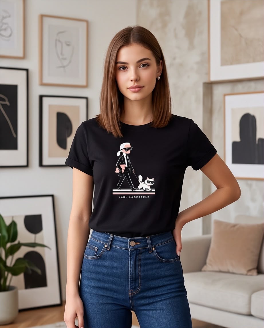 Camiseta Mujer Karl Lagerfeld Paseo con Gato Negra, vista frontal