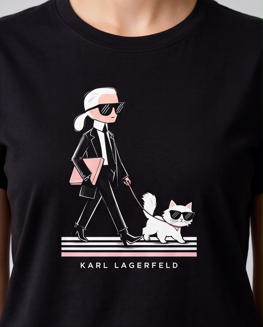 Camiseta Karl Lagerfeld Paseo con Gato Negra, modelo sentada