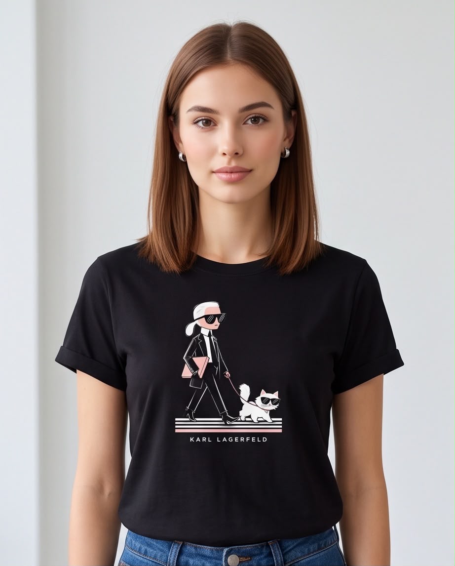 Camiseta Karl Lagerfeld Paseo con Gato Negra combinada con jeans