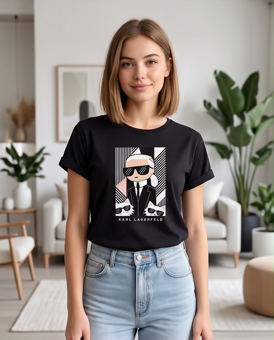 Camiseta Karl Lagerfeld Retrato Geométrico y Dos Gatos Negra, modelo con jeans