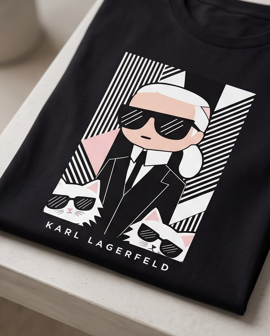 Detalle del retrato Karl Lagerfeld y dos gatos con gafas