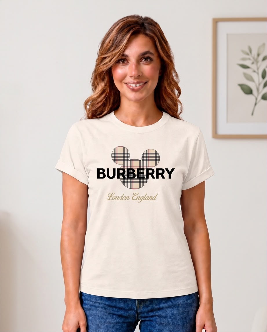 Camiseta Burberry Orejas de Cuadros Vainilla con jeans